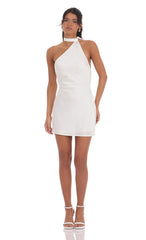 Satin Jacquard Scarf Halter Dress in White