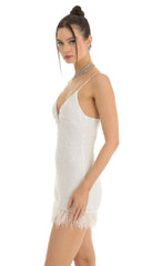 Sequin Feather Fringe Bodycon Dress in White