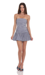 Gingham Strapless Bubble Dress in White and Blue