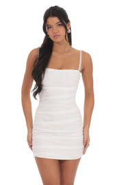 Pearl Strap Ruched Bodycon Dress in White