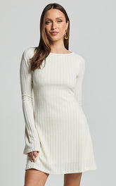 Melissa Mini Dress - Flared Long Sleeve A Line Dress in Off White