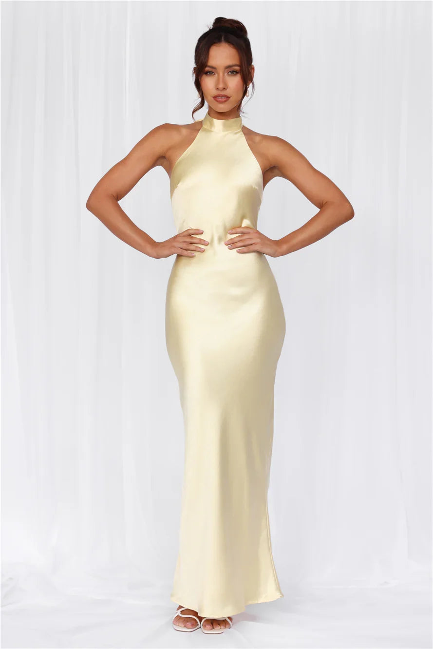 The Cleo Halter Satin Maxi Dress Yellow