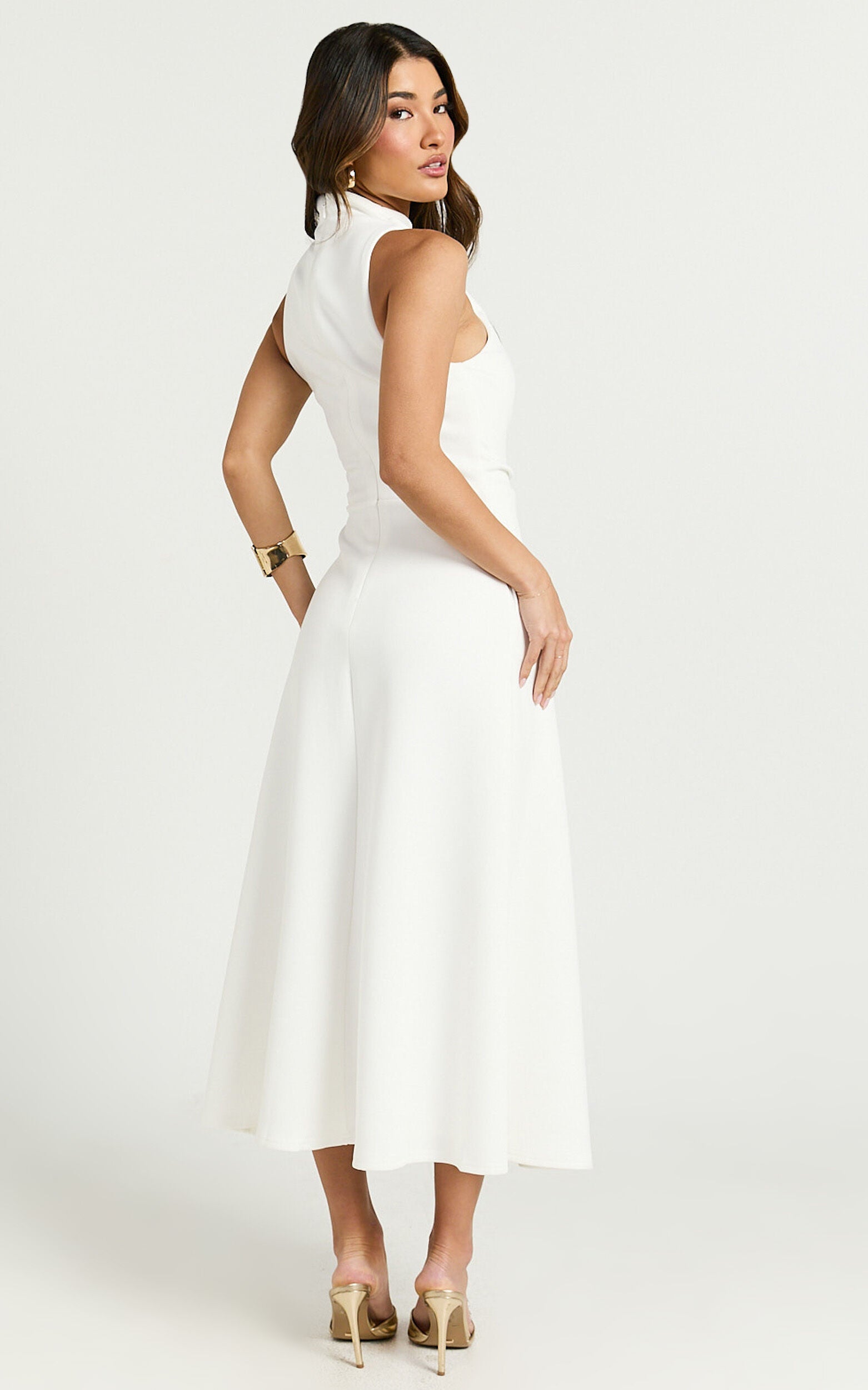 Macy Midi Dress - High Neck A Line Dress in Off White