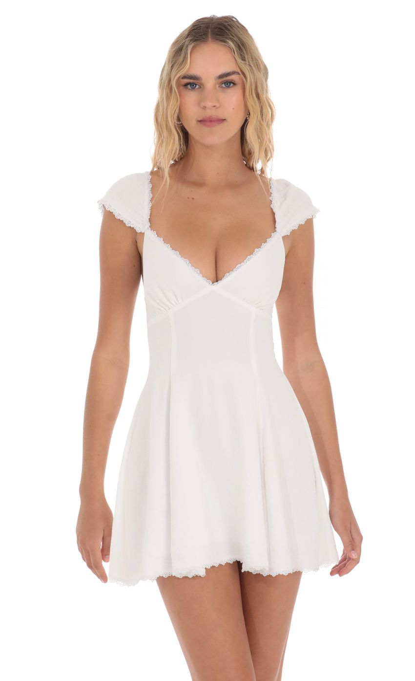 Lace Trim Cap Sleeve Dress in White