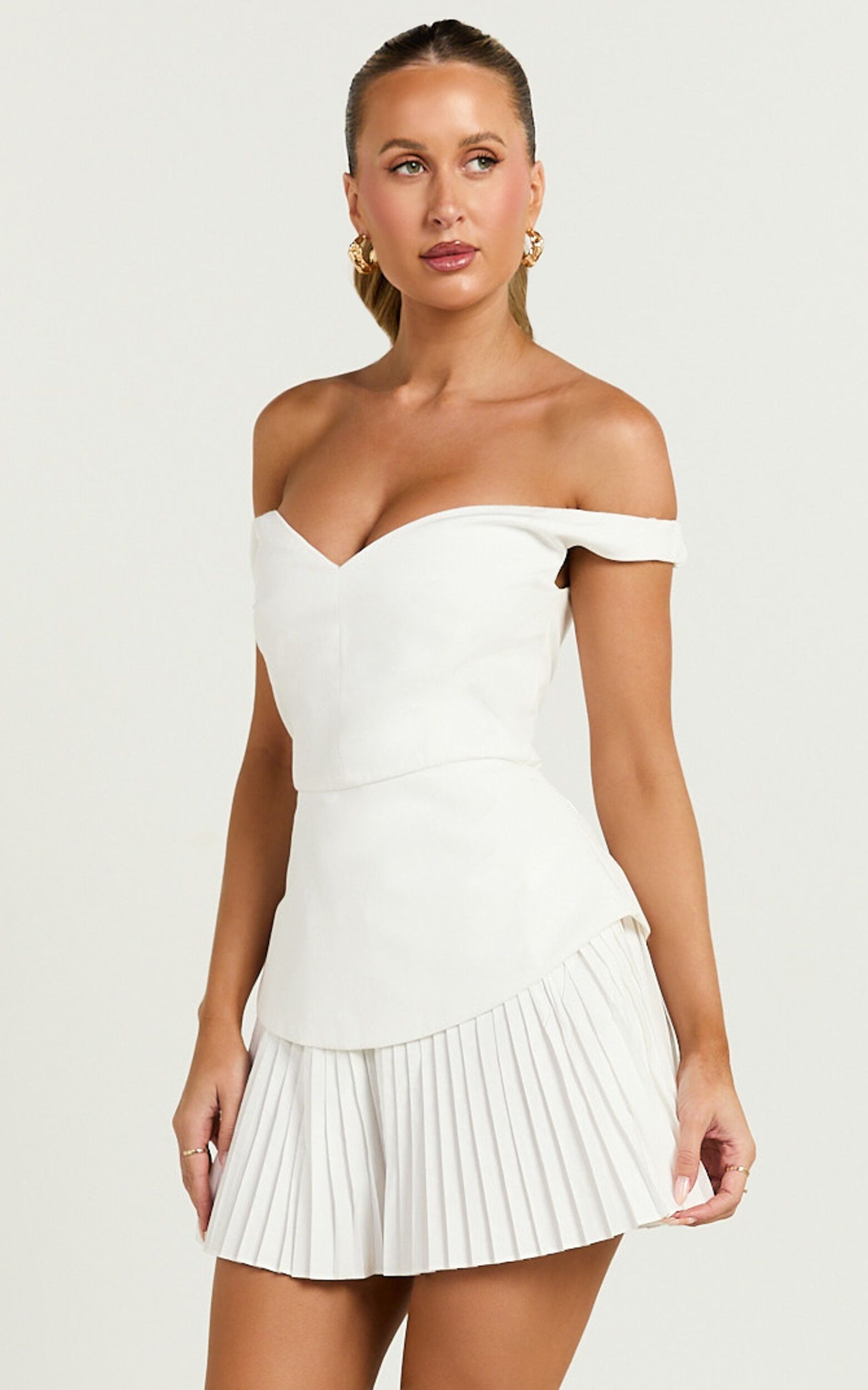Izara Mini Dress - Off Shoulder Pleated Dress in Off White