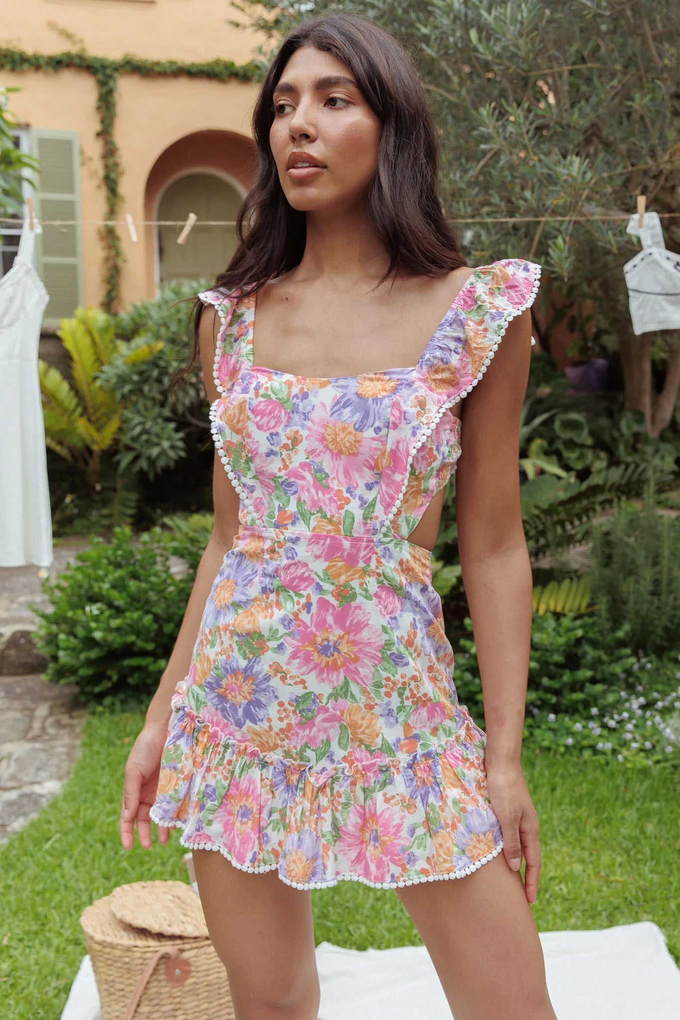 Porcia Tied Back Frill Dress White Multi