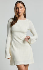 Melissa Mini Dress - Flared Long Sleeve A Line Dress in Off White