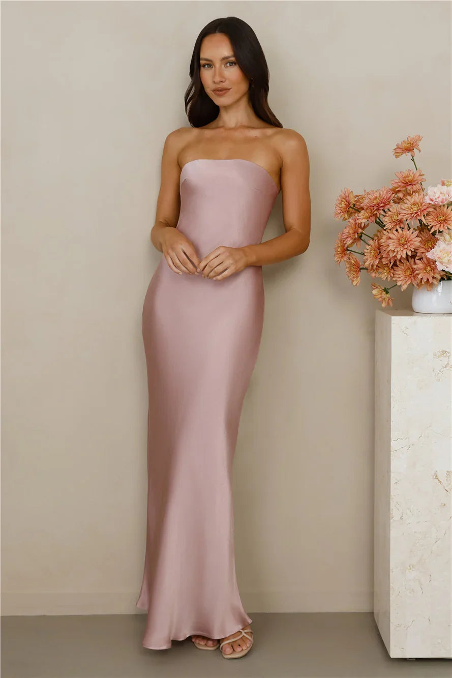 The Felicity Strapless Satin Maxi Dress Dusty Pink