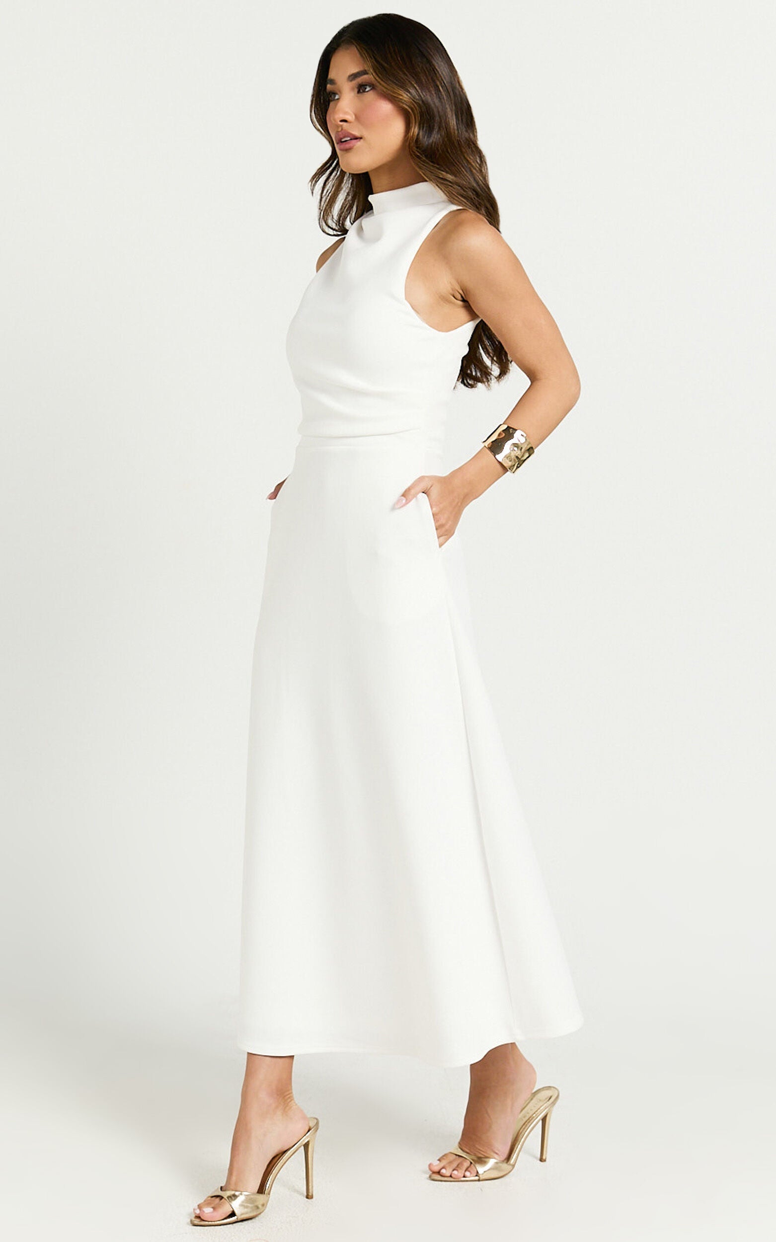 Macy Midi Dress - High Neck A Line Dress in Off White