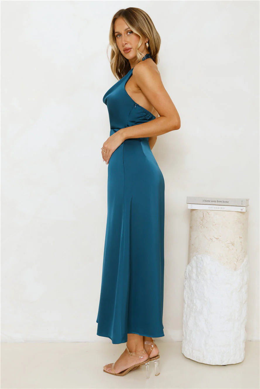 Night's Allure Satin Halter Maxi Dress Teal