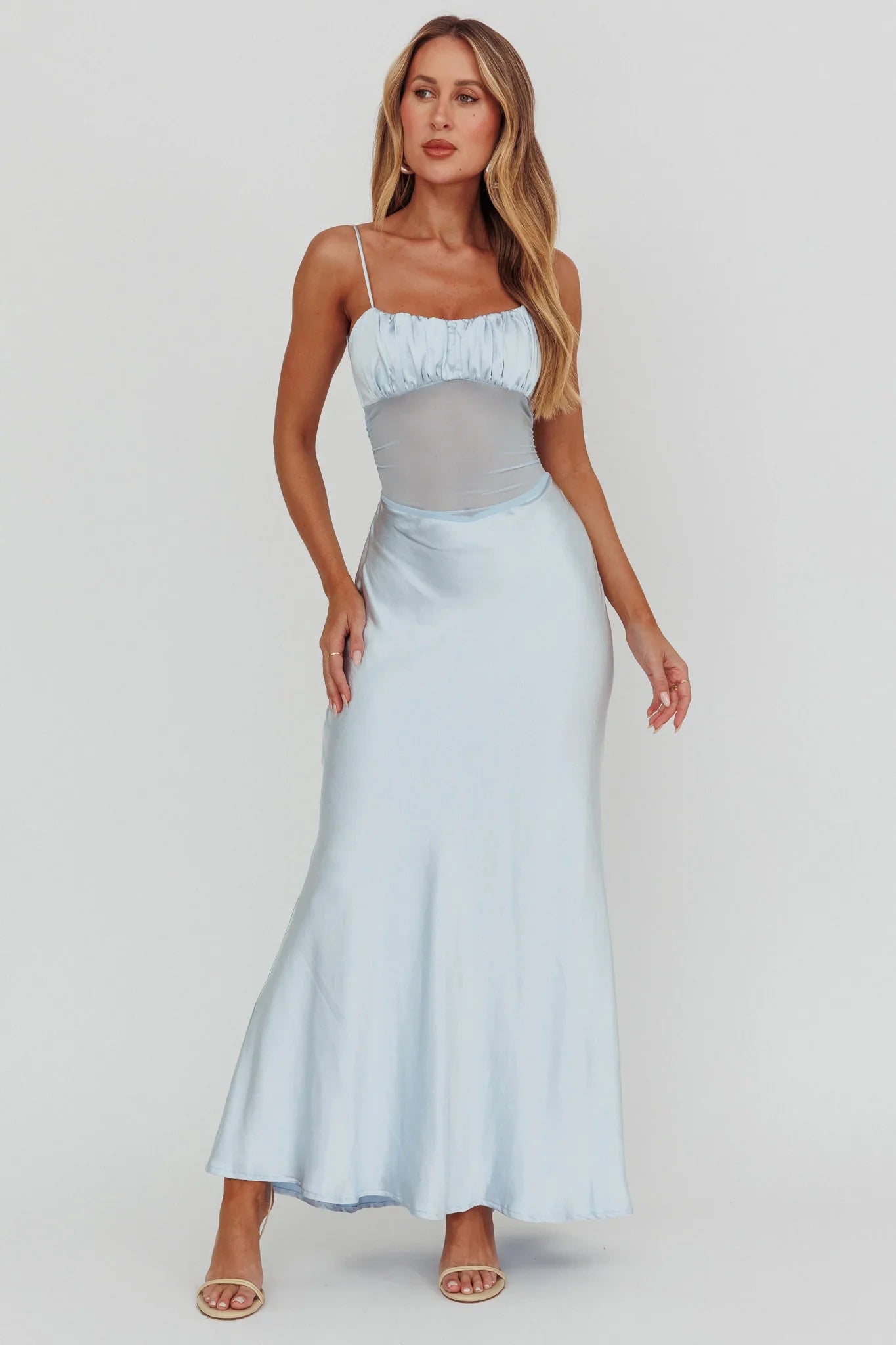 Nerida Sheer Waist Back Twist Maxi Dress Blue