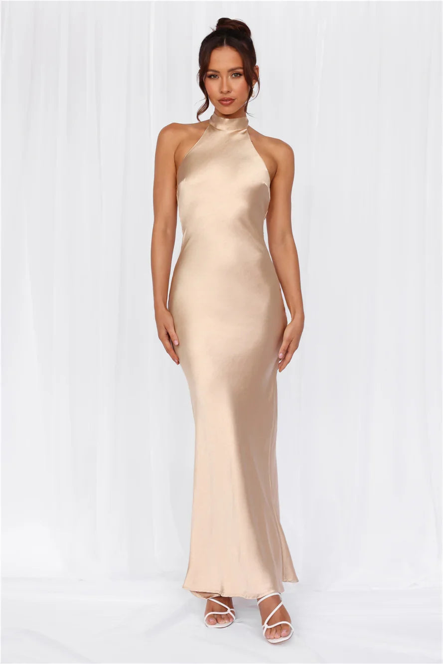 The Cleo Halter Satin Maxi Dress Champagne