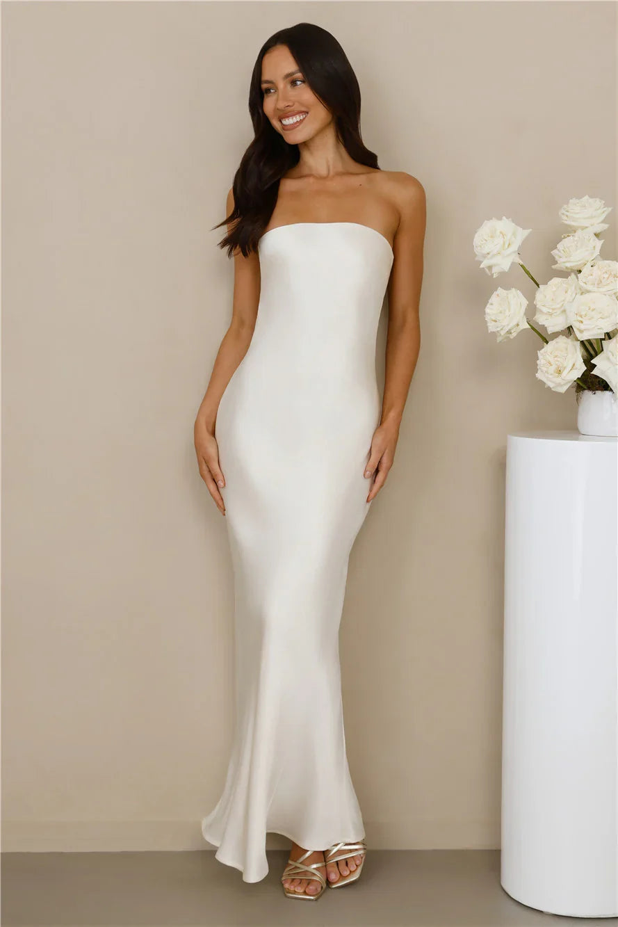 The Felicity Strapless Satin Maxi Dress Pearl