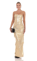 Metallic Ruffle Strapless Maxi Dress in Gold