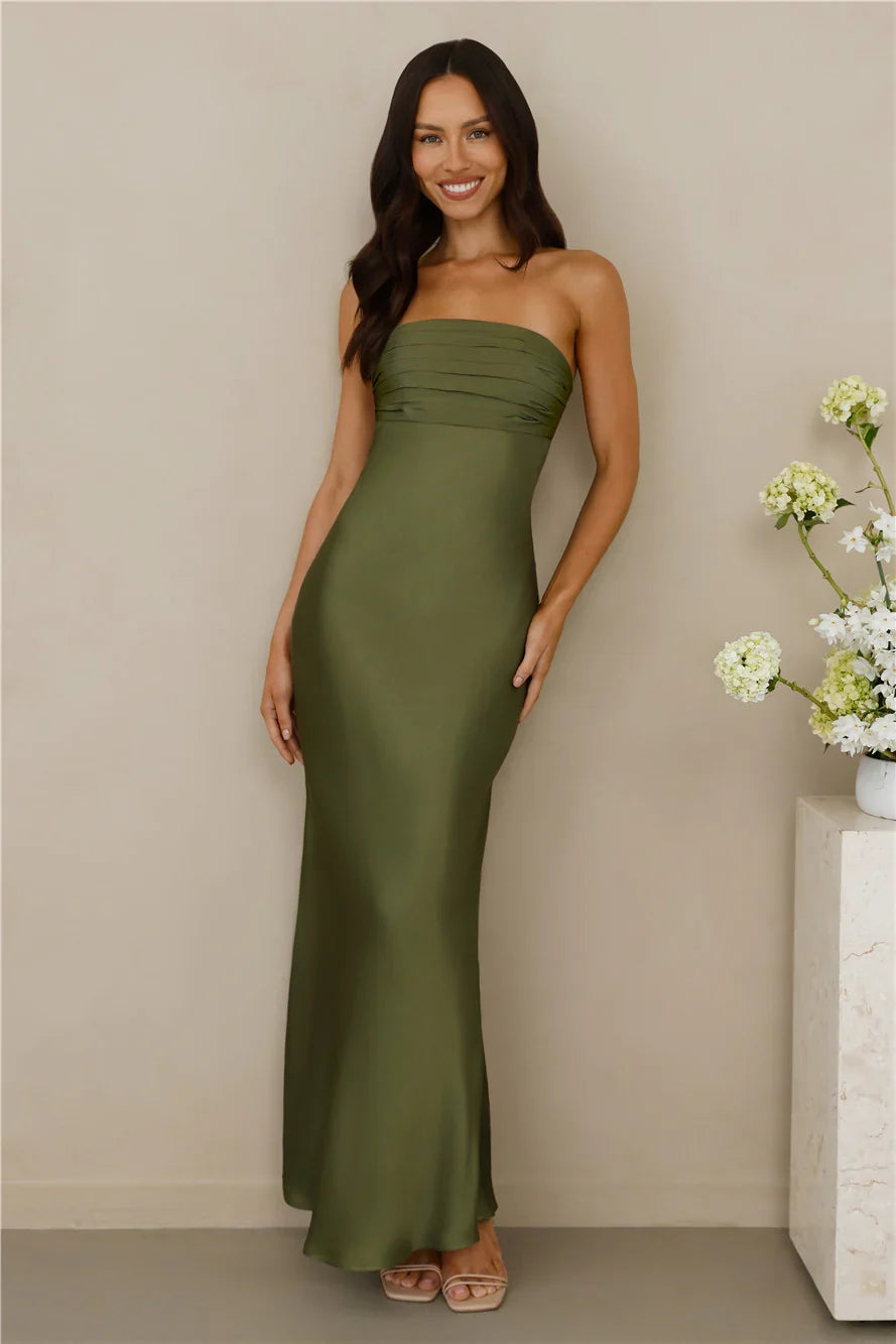 The Seraphina Strapless Satin Maxi Dress Olive