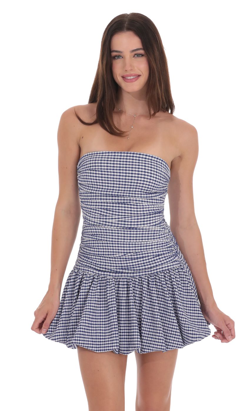 Gingham Strapless Bubble Dress in White and Blue