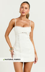 Gigi Mini Linen Blend Dress - Sweetheart Tie Back Scallop Detail Dress in Off White