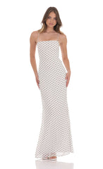 Polka Dot Open Back Maxi Dress in White