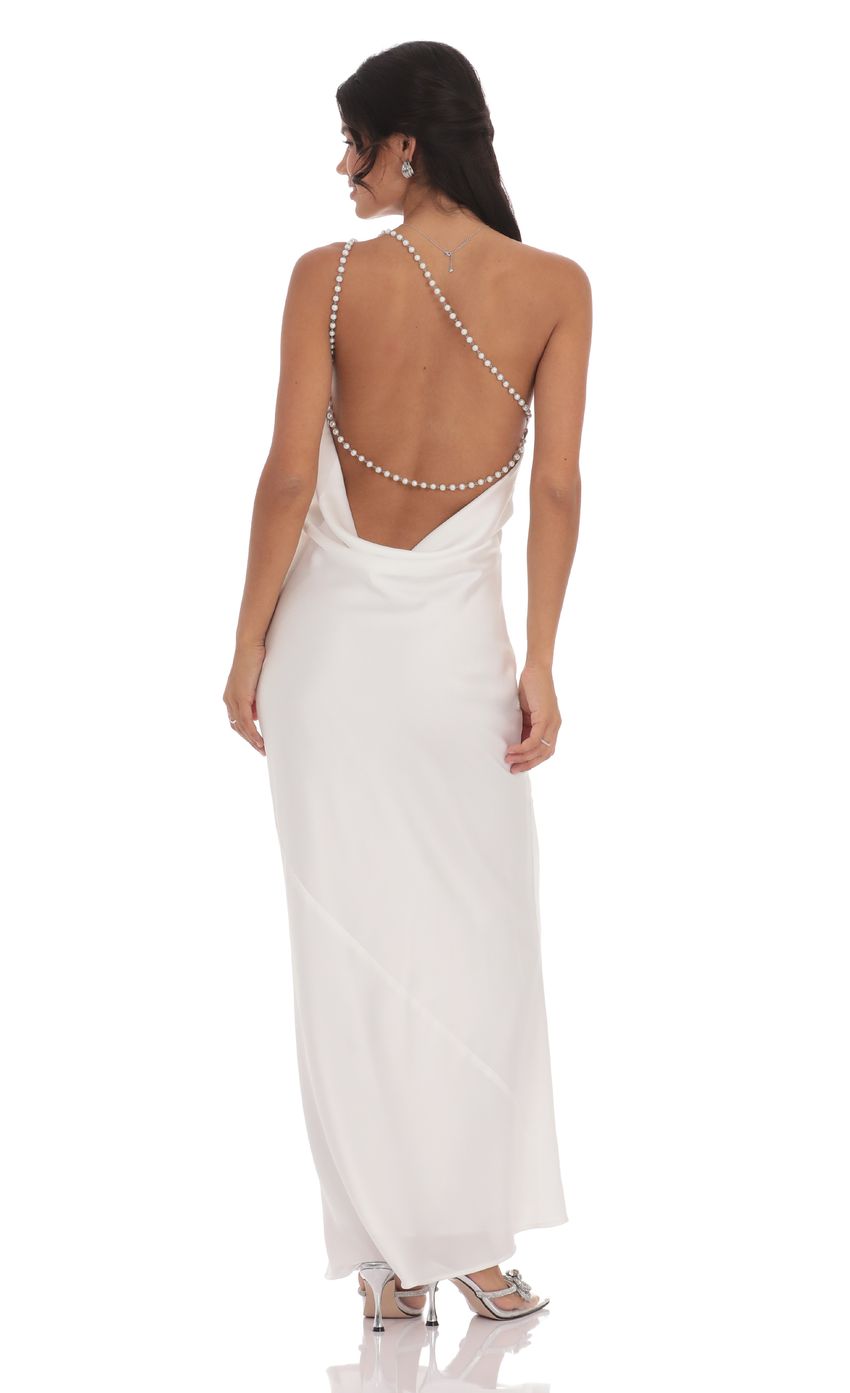 One Shoulder Pearl Satin Maxi Dress in White