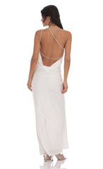 One Shoulder Pearl Satin Maxi Dress in White